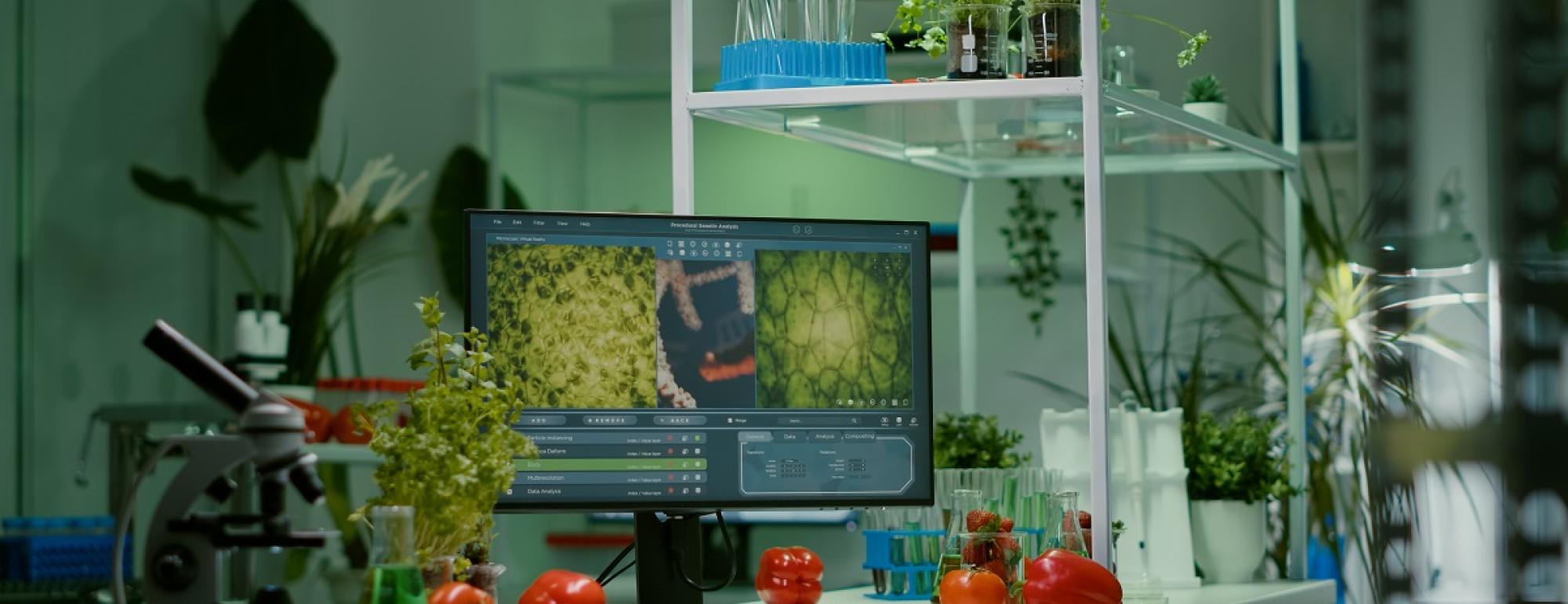 Food tech bench with vegetables, microscope, monitor, etc