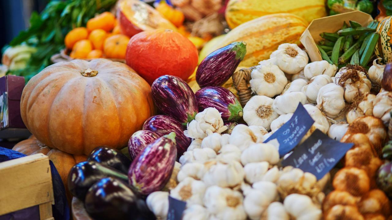Colorful farmers' market display of pumpkins, squash, eggplants, and garlic