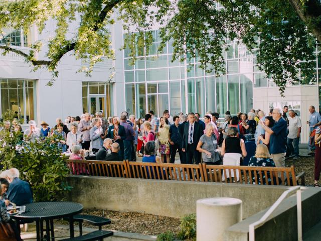 Crowd in Shields library courtyard