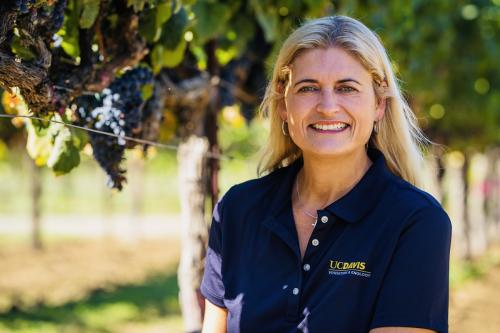 Anita Oberholster in a blue polo shirt in front of grapevines with ripe grape clusters
