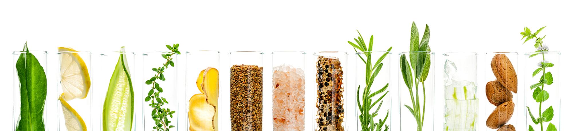 Vials of lemon slices, spices, and other items with different aromas